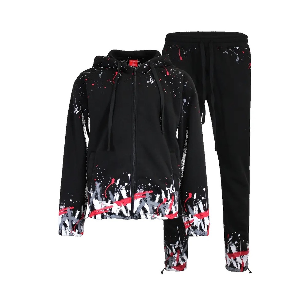 MEN PAINT SPLATTER FLEECE SET (BLACK/RED)